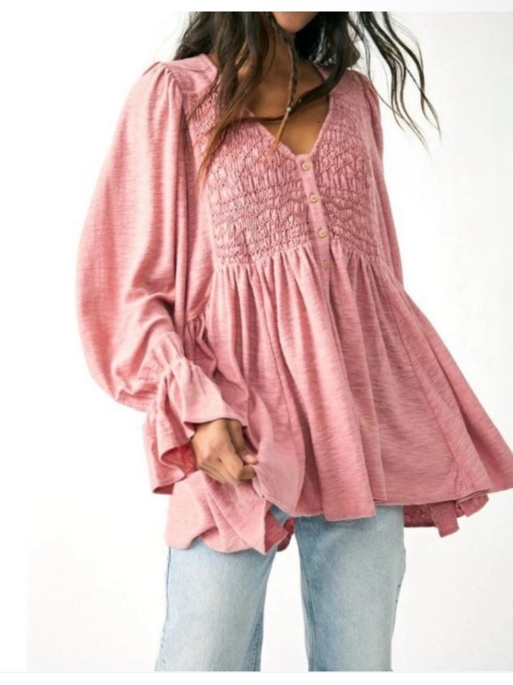 Free People Dusty Rose Smocked Boho Tunic Top